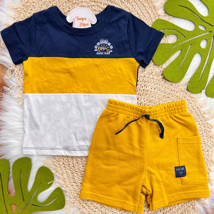 Conj. Camiseta Hello Summer e Bermuda em Moletinho - Marinho e Mostarda